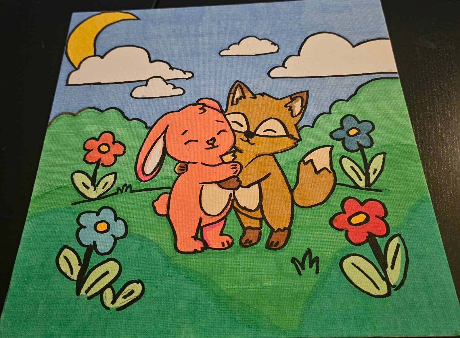 Schilderij 'Beste vriendjes' - Konijn en Vos, Antiek en Kunst, Ophalen of Verzenden