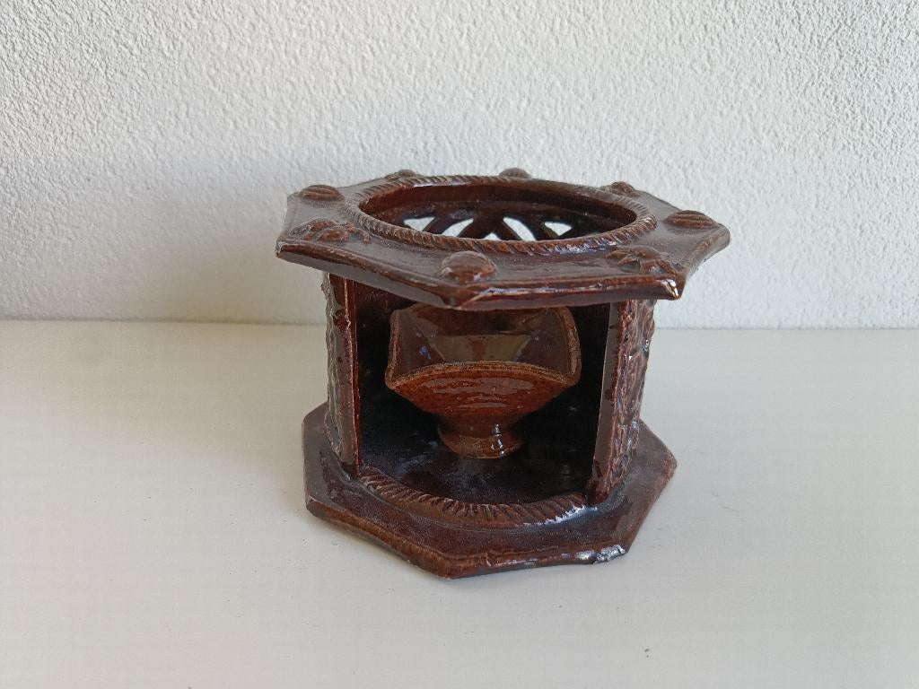 19e-eeuwse aardewerk stoof bruin glazuur met testje, Antiek en Kunst, Antiek | Keramiek en Aardewerk, Ophalen of Verzenden