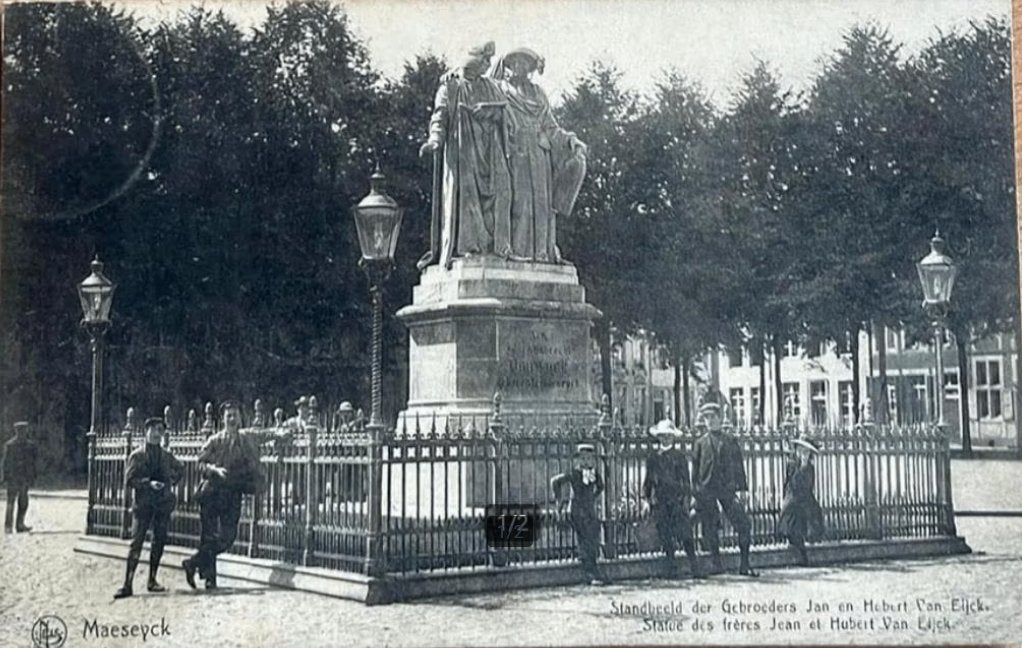 Oude prentbriefkaart Maaseik - Standbeeld Van Eyck, Verzamelen, Ophalen of Verzenden, Voor 1920, Gelopen, Limburg