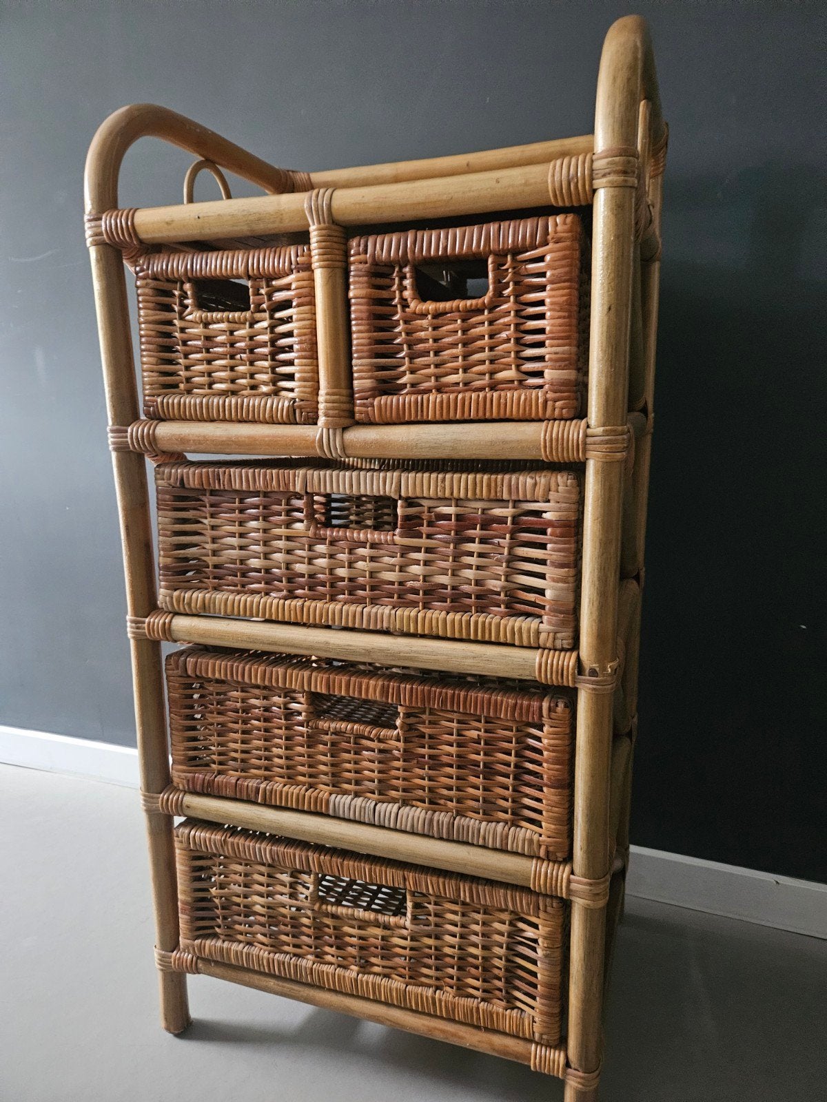 Vintage Rotan Ladekastje Boho Jaren 70, Huis en Inrichting, Ophalen, Minder dan 50 cm, 3 of 4 laden, Minder dan 100 cm