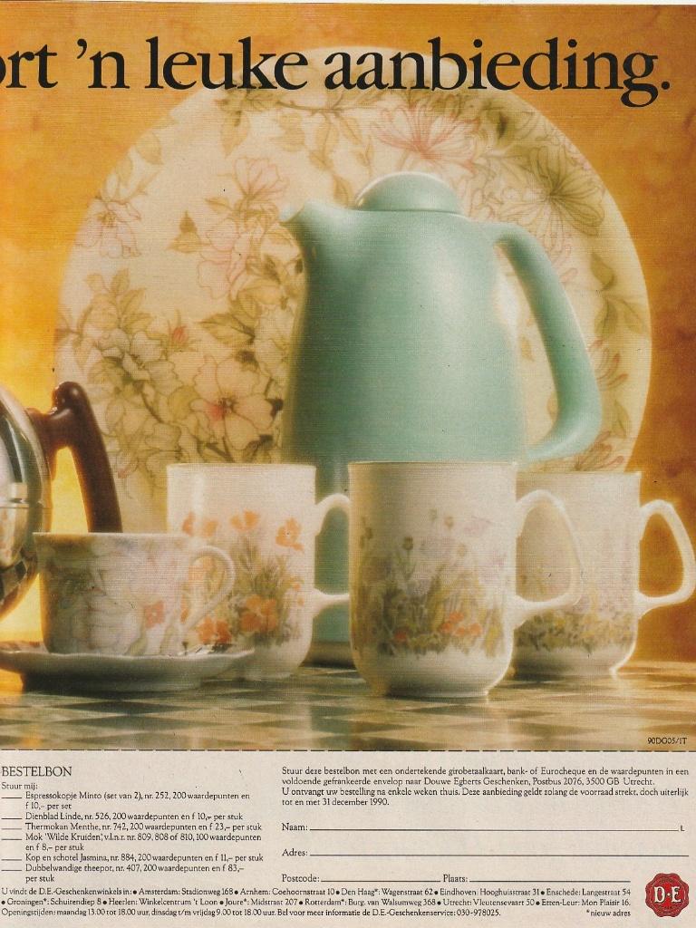 retro reclame 1990 Douwe Egberts servies kopjes bekers mok, Verzamelen, Verzenden, Overige typen