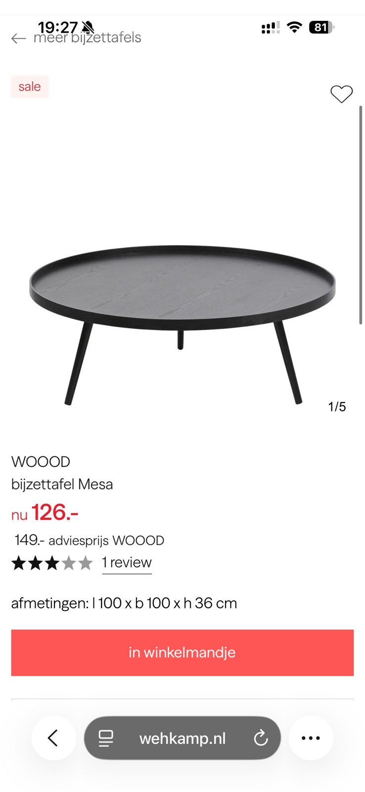 Woood mesa salontafel XL, Huis en Inrichting, Ophalen, Minder dan 45 cm, Minder dan 55 cm, Rond