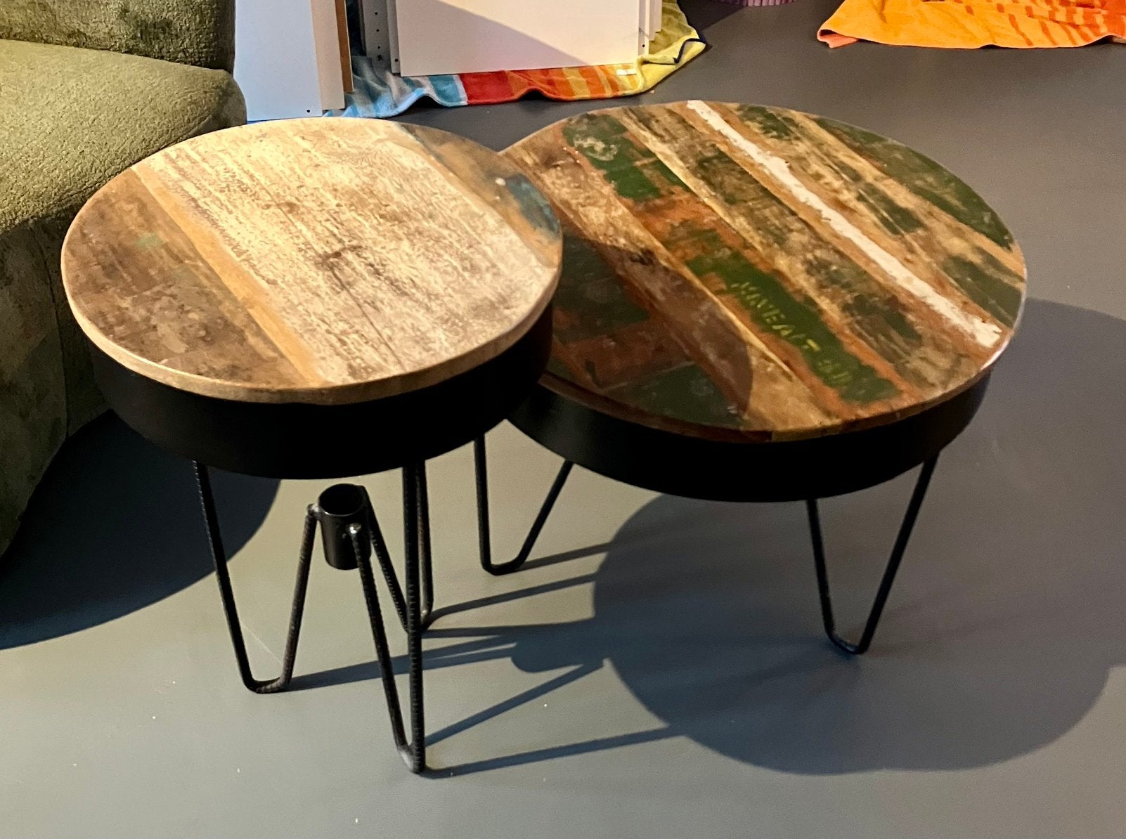 Set van 2 industriële salontafels, hout en metaal, Ophalen, Gebruikt, Rond, 50 tot 100 cm