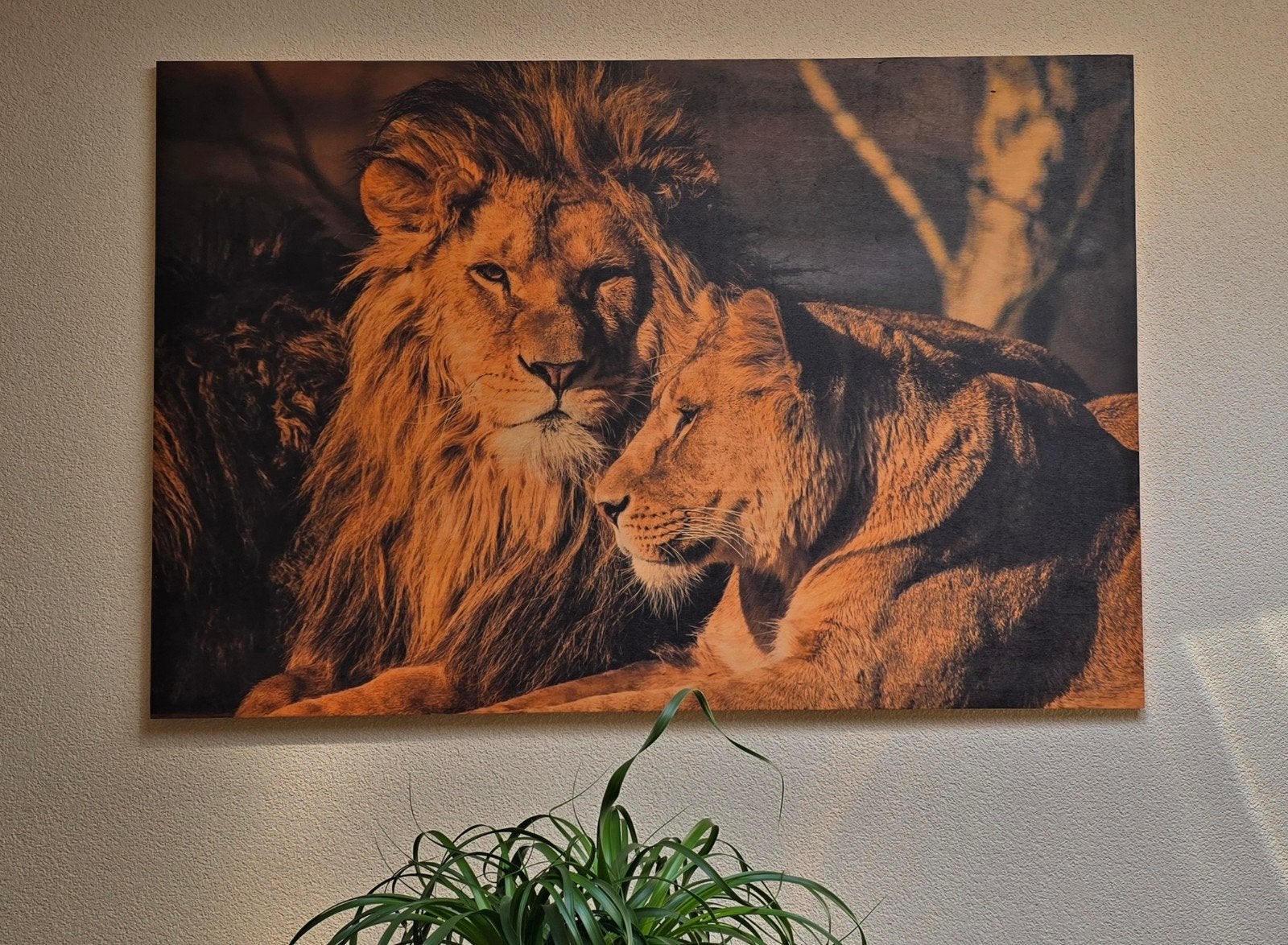 Houten Leeuwen schilderij, Huis en Inrichting, Ophalen, Zo goed als nieuw, Schilderij, 100 tot 125 cm