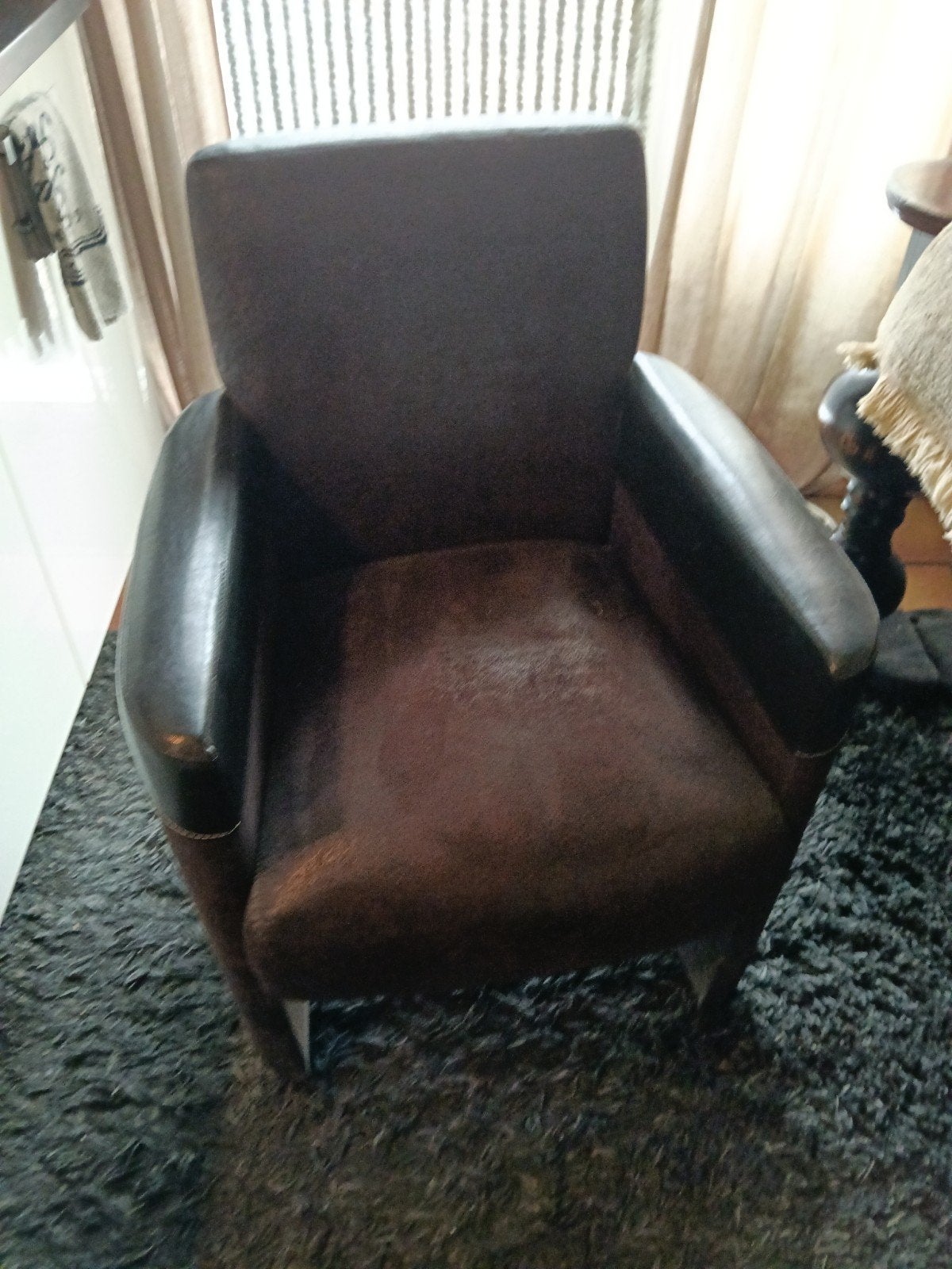 te koop 4 mooie stoelen leer met suede kleur bruin, Ophalen, Minder dan 75 cm, Leer, Zo goed als nieuw