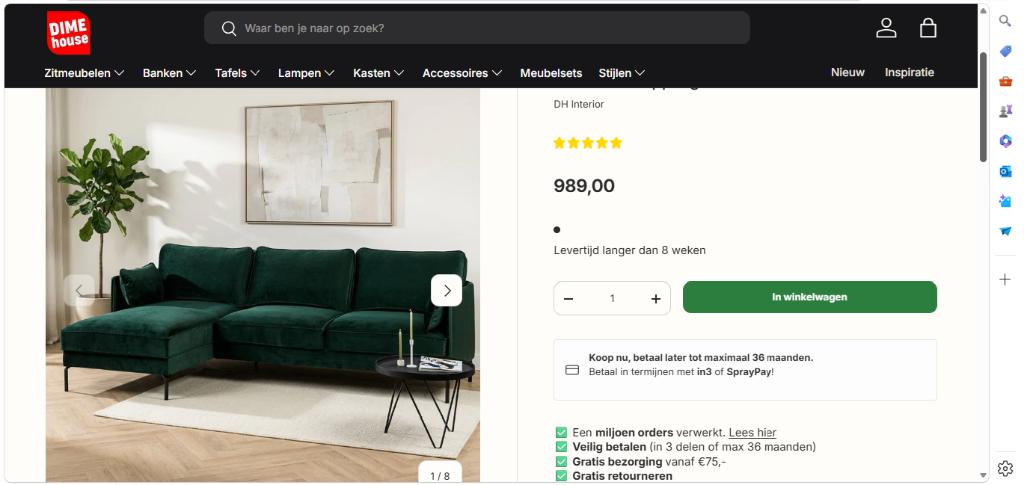 Hoekbank Peppin Velvet groen Links | Dimehouse, Ophalen, Zo goed als nieuw, Stof, Chique