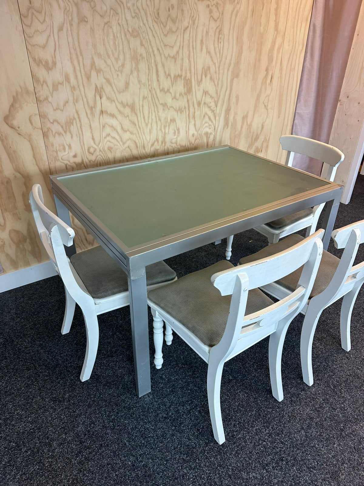 Glazen tafel + houten stoelen (4), Ophalen, Gebruikt