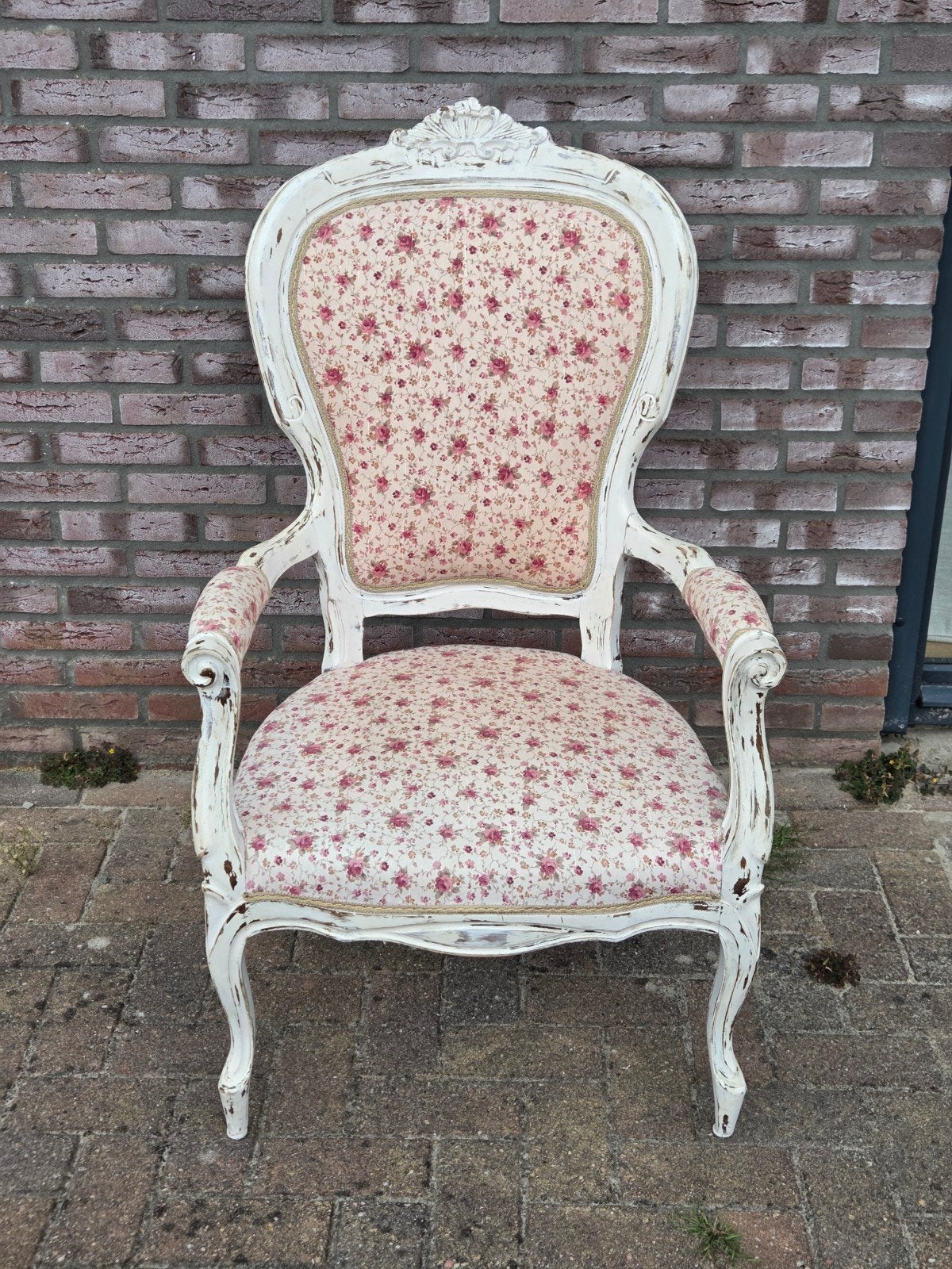 Fauteuil met bloemenprint - Brocante stijl, Ophalen, Hout, Minder dan 75 cm, Zo goed als nieuw