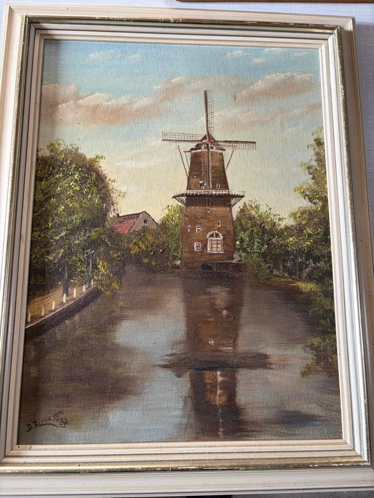 Schilderij van molen op linnen van D Riphagen, Antiek en Kunst, Kunst | Schilderijen | Klassiek, Ophalen of Verzenden