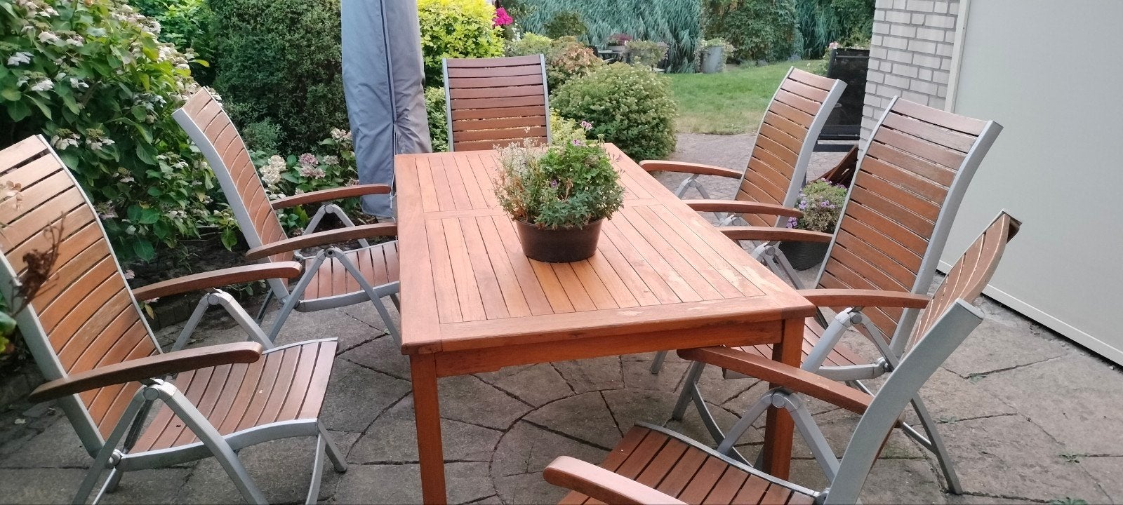 Tuinset met 6 stoelen van hout formaat 180 / 90, Tuin en Terras, Ophalen, Gebruikt, 6 zitplaatsen, Tuinset