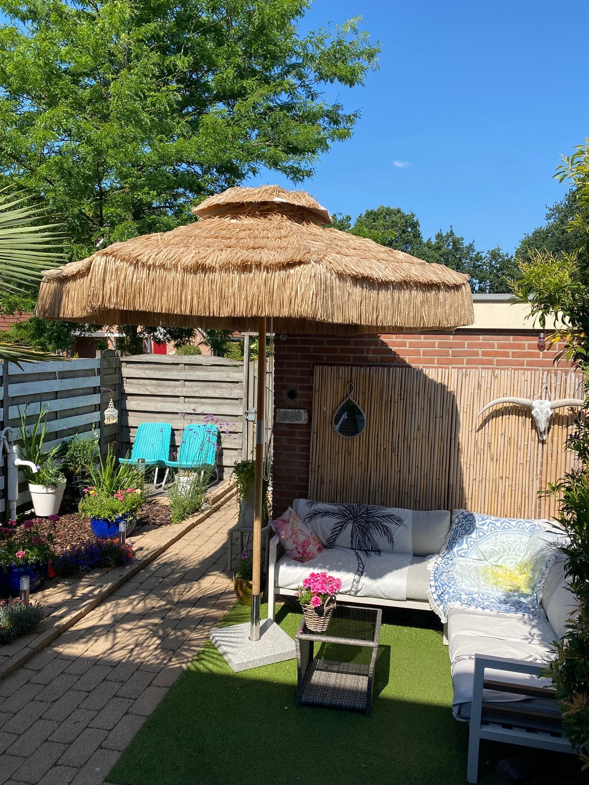 Mooie grote raffiaparasol, Ophalen, Zo goed als nieuw, 2 tot 3 meter, Stokparasol