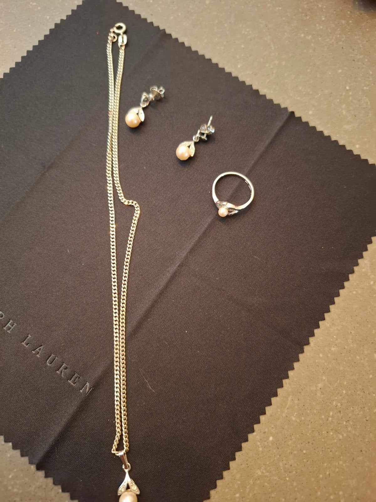 Zilveren Geisha Parel Sieradenset: Oorbellen, Ring, Hanger,, Nieuw, Ophalen of Verzenden, Met edelsteen, Zilver