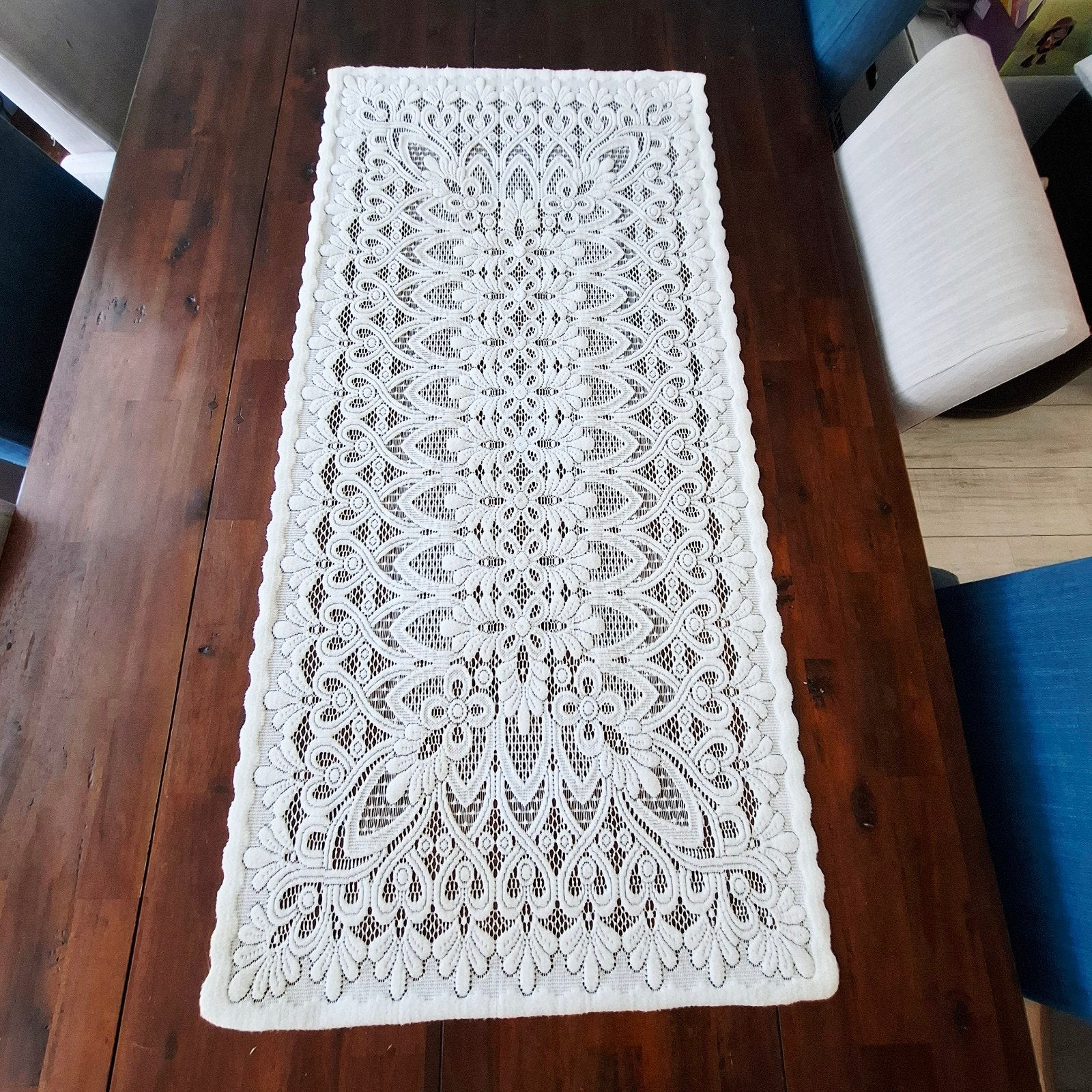 Wit kanten tafelloper, 55 cm, Tafelloper, Onbekend, Wit