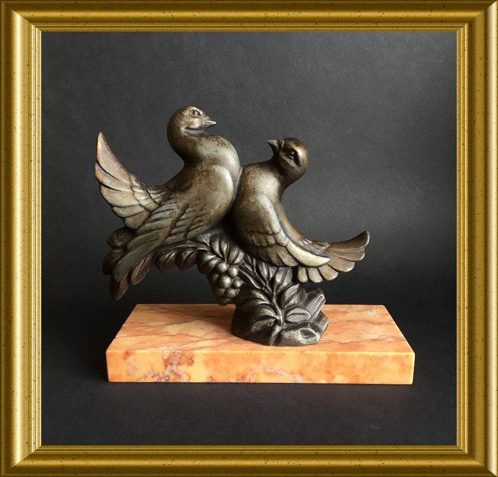 Art deco beeldje op marmer: duif, vogels, duiven, Ophalen of Verzenden