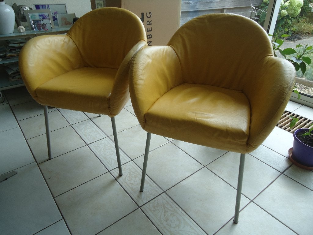 4 (eetkamer)stoelen Aletta van Gerard vd Berg geel leer, Huis en Inrichting, Ophalen, Gebruikt, Overige kleuren, Vier