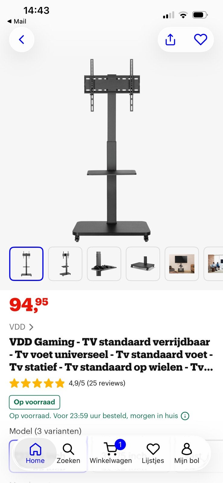 Zwarte TV-standaard met plank - Verstelbaar en verrijdbaar, Ophalen, Zo goed als nieuw