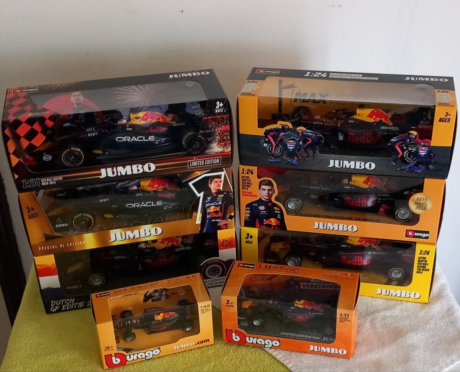 Complete serie Max Verstappen Jumbo F1 auto's (Bburago) ., Ophalen, Nieuw