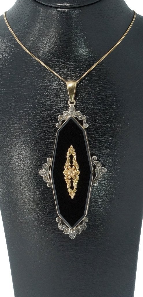 Diamant onyx zeer grote 14k hanger ketting goud antiek retro, Ophalen of Verzenden, Goud, Hanger, Met edelsteen