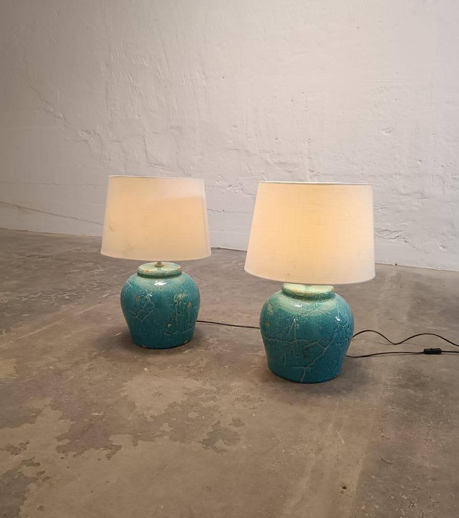 Set van 2 turquoise keramische tafellampen, H 61 cm, Ophalen, Tweedehands, Tweedehands, Tweedehands