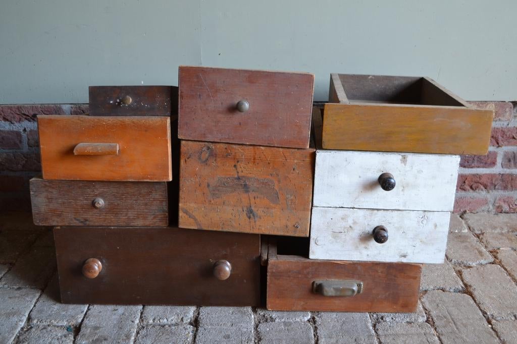 10 verschillende oude antieke lades, laden, laatjes, Antiek en Kunst, Curiosa en Brocante, Ophalen of Verzenden