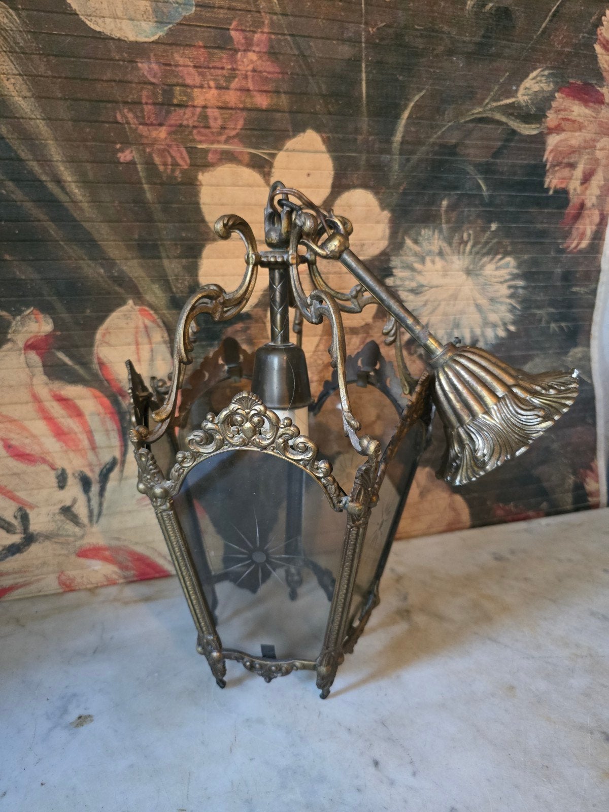Antiek messing hanglamp lantaarn, Ophalen of Verzenden