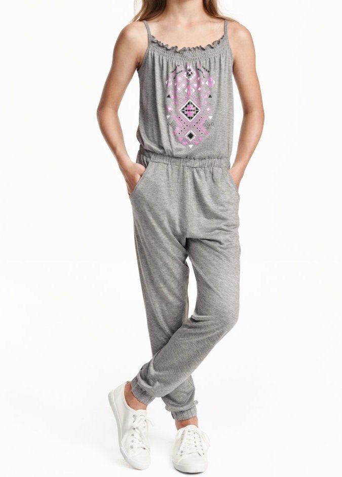 H&M mouwloze jumpsuit salopette dungaree grijs maat 158, Broek, Meisje, H&M, Nieuw