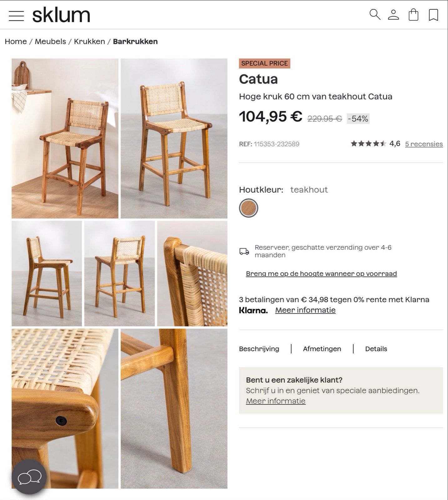 2x Hoge kruk Catua teakhout 60cm - Zo goed als nieuw, Huis en Inrichting, Ophalen, Minder dan 30 cm, Zo goed als nieuw, Hout