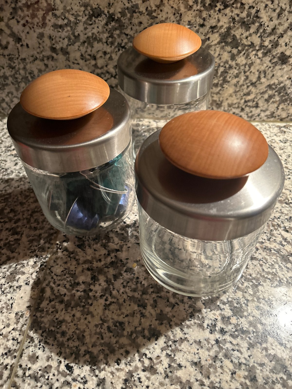 Set van 3 Legnoart glazen voorraadpotten met houten deksel, Ophalen, Gebruikt, Modern, Glas