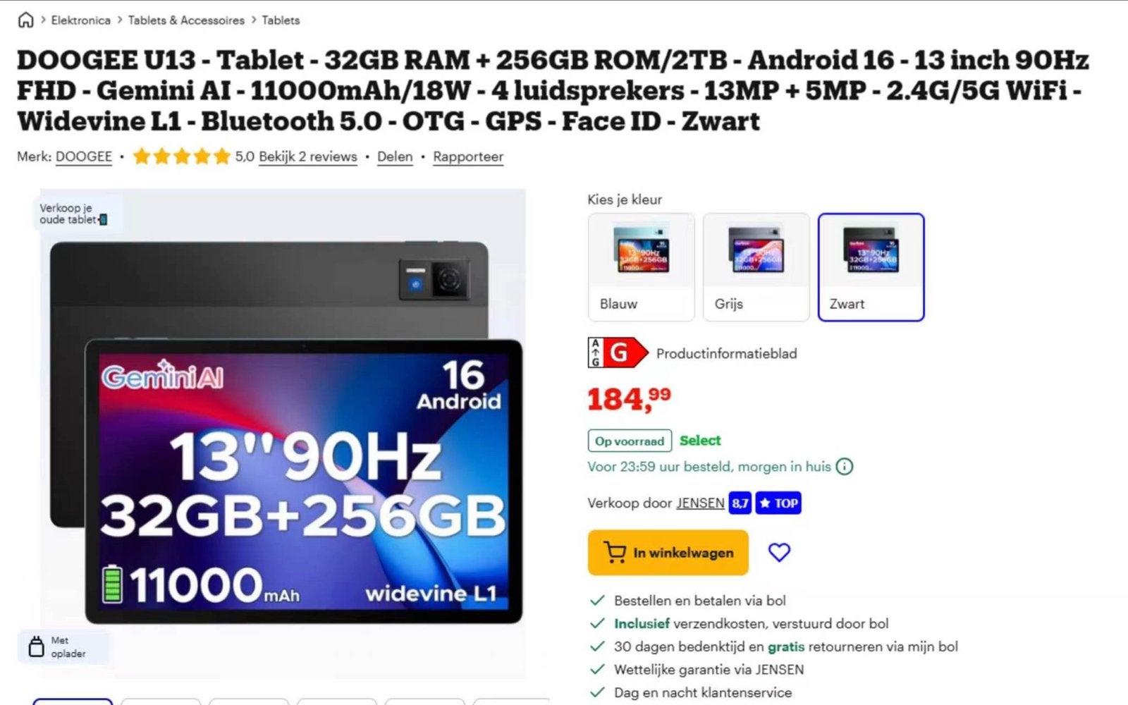 DOOGEE U13 Tablet - 13 inch, 32GB RAM, 256GB ROM, Zwart, Ophalen, 13 inch of meer, Wi-Fi, 256 GB