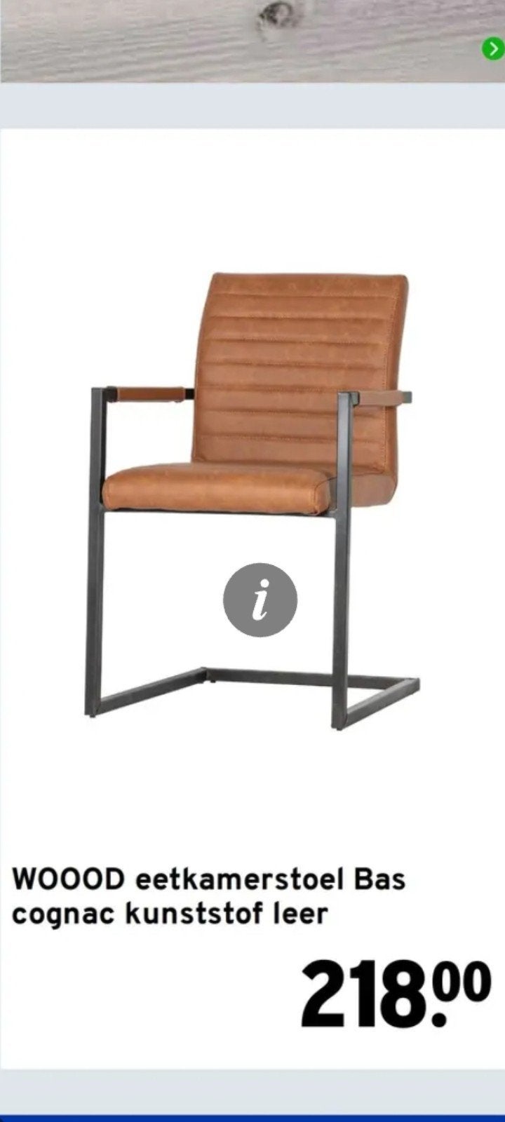 WOOOD eetkamerstoel / stoel Bas cognac kunststof leer, Huis en Inrichting, Stoelen, Ophalen, Nieuw, Eén, Metaal