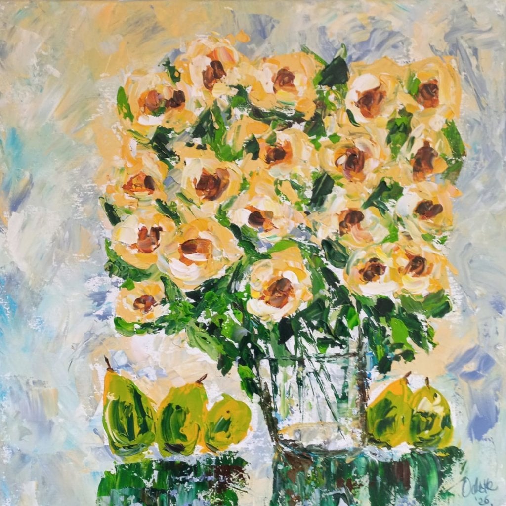 Schilderij figuratieve theerozen., Huis en Inrichting, 50 – 75, Nieuw, Ophalen of Verzenden, Schilderij
