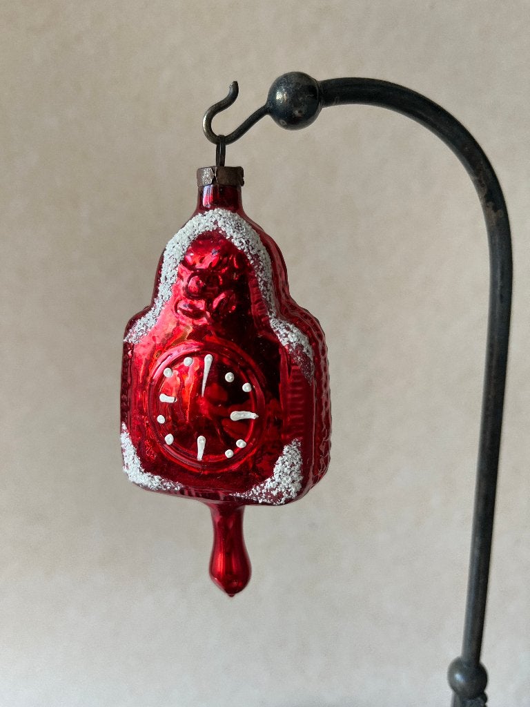 Oude rode glazen kerstbal (nr 13): klok, Gebruikt, ., Ophalen of Verzenden, .
