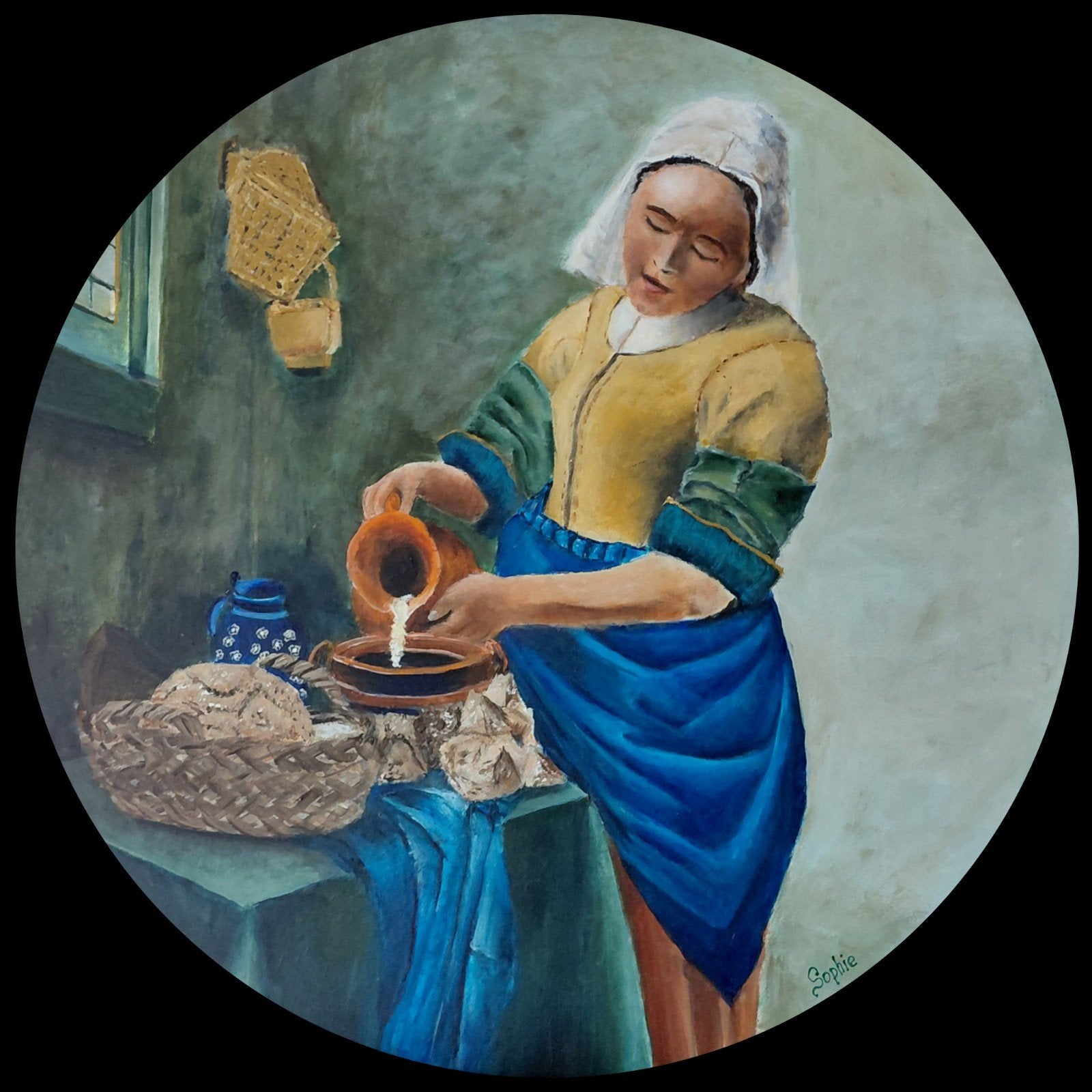 De Melkmeid - Rond Schilderij 80 cm doorsnede, Antiek en Kunst, Ophalen of Verzenden