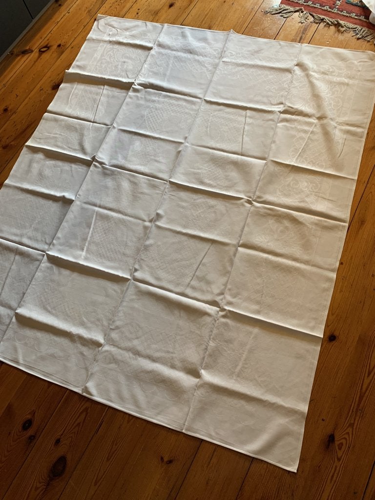 Antiek wit damast tafelkleed + jaquard art deco motief zgan, Verzenden, Zo goed als nieuw, 110 cm, Wit