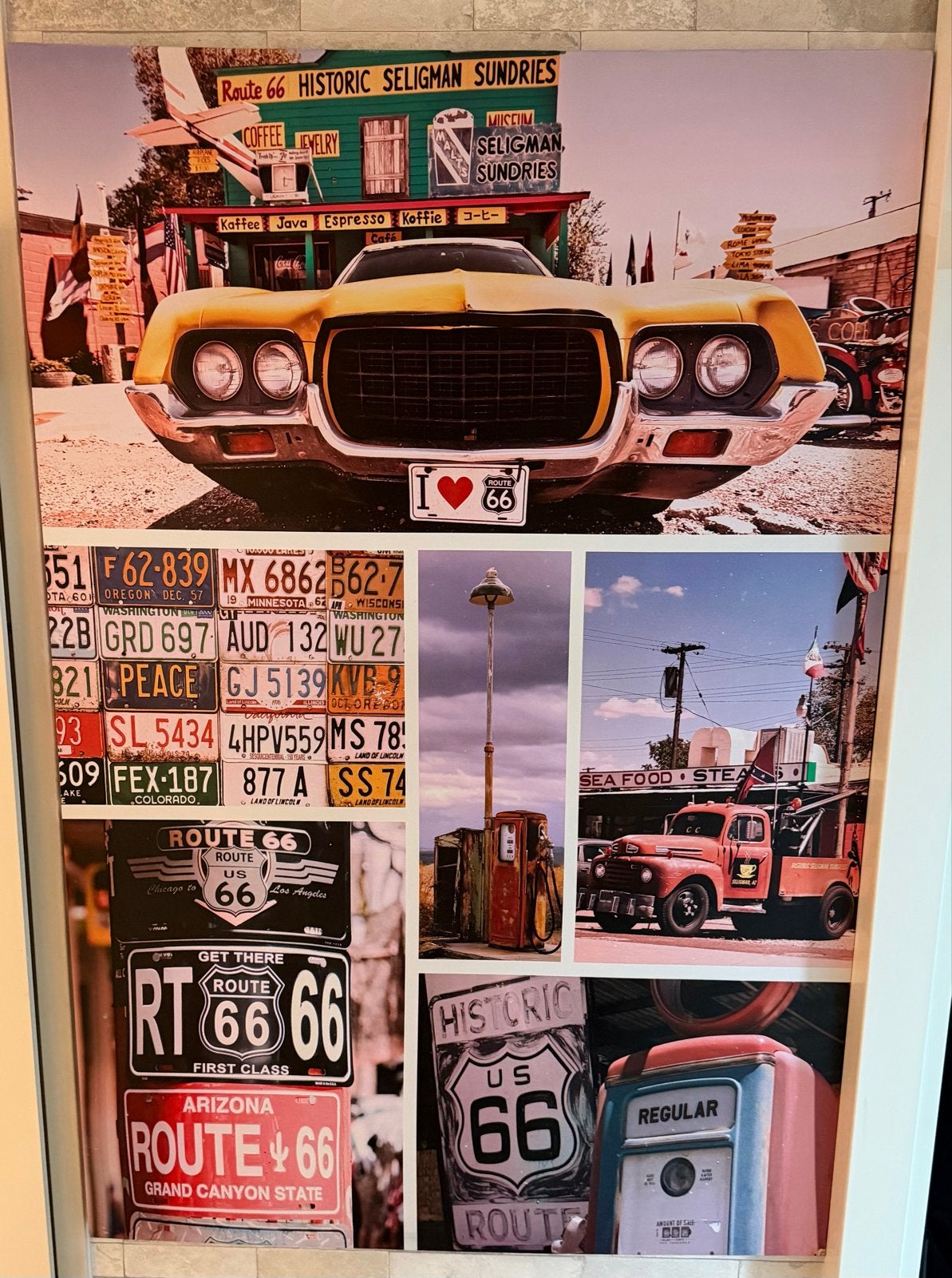 Route 66 Collage Canvas Print - Vintage USA Decor, Huis en Inrichting, Ophalen of Verzenden, Gebruikt, 75 tot 100 cm, Print