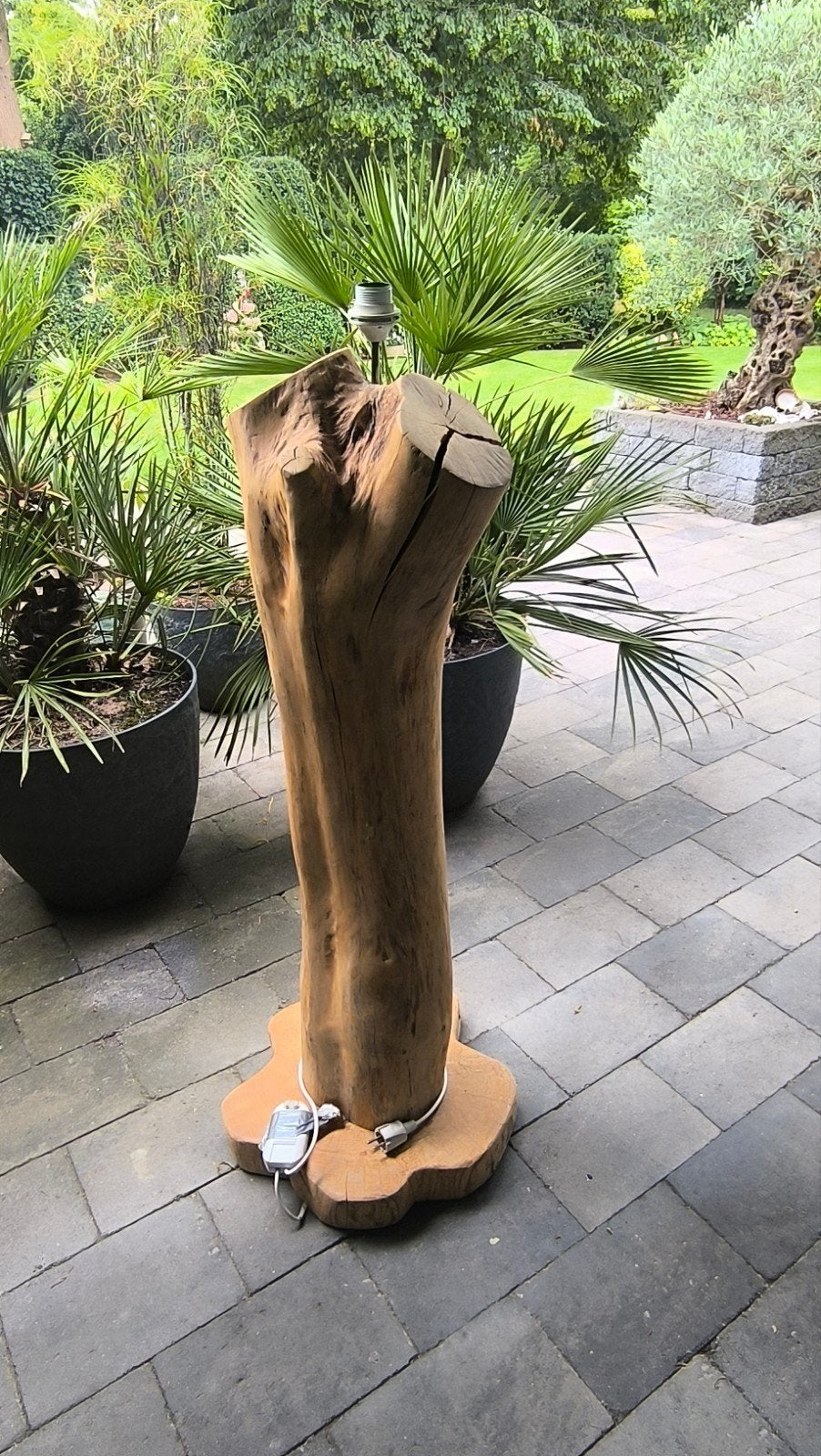Unieke houten vloerlamp van boomstam, Ophalen, Gebruikt, Rustiek, Landelijk, Natuurlijk, E27 (groot)