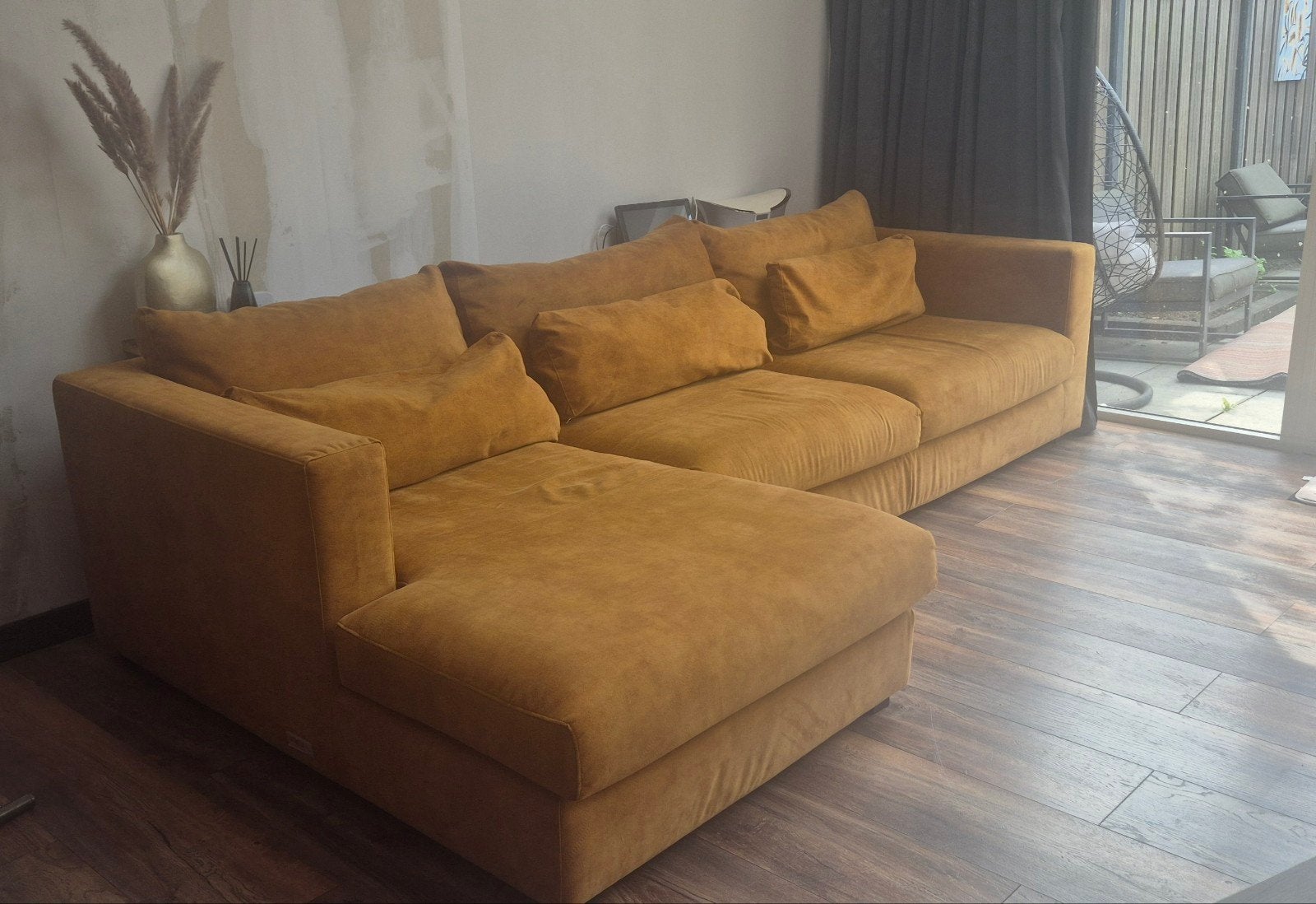 Oker gele Umix hoekbank afmeting - 310x160cm, Huis en Inrichting, Ophalen, Gebruikt, Hoekbank, 300 cm of meer