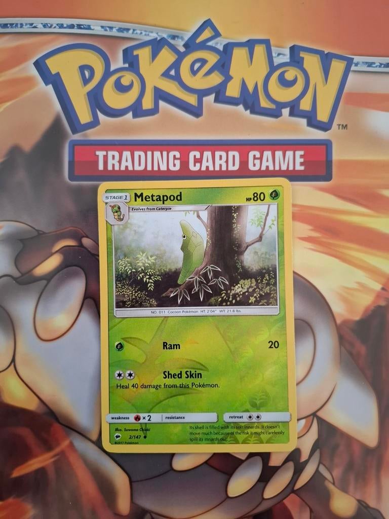 Metapod 2/147 reverse holo Sun&moon Burning Shadows, Ophalen of Verzenden, Gebruikt, Losse kaart, Foil