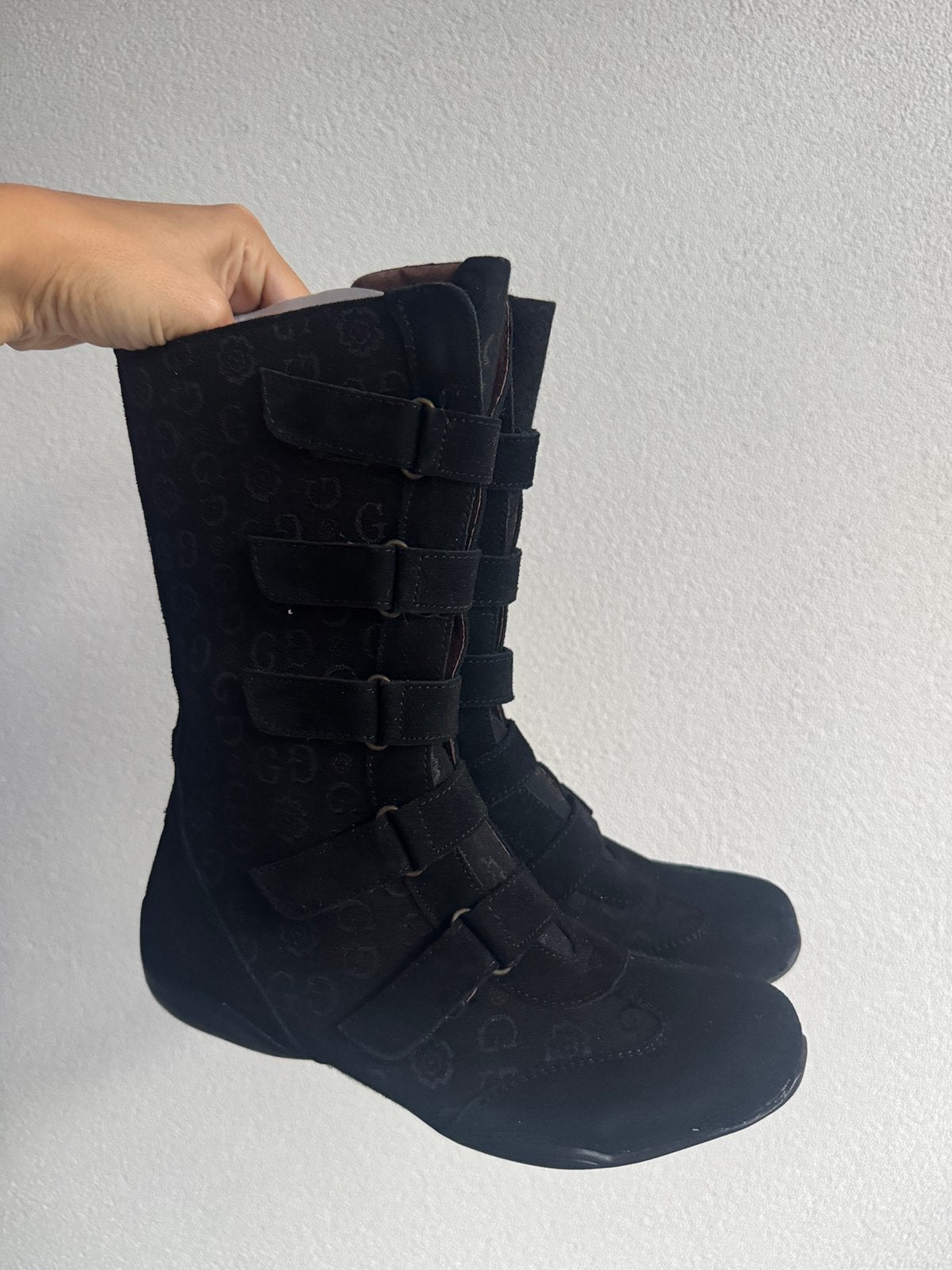 Vintage Y2K biker stijl enkel laarzen met monogram print, Gusacci, Zwart, Lage of Enkellaarzen, Ophalen of Verzenden