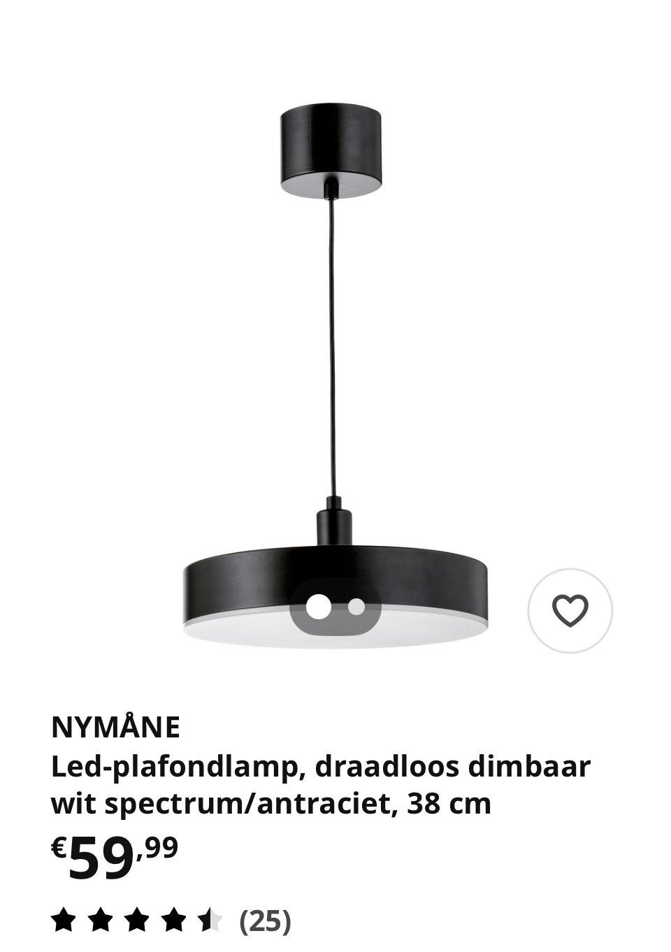 Moderne IKEA NYMÄNE LED zwarte plafondlamp met diffuus licht, Ophalen, Zo goed als nieuw, Kunststof, Overige fittingen