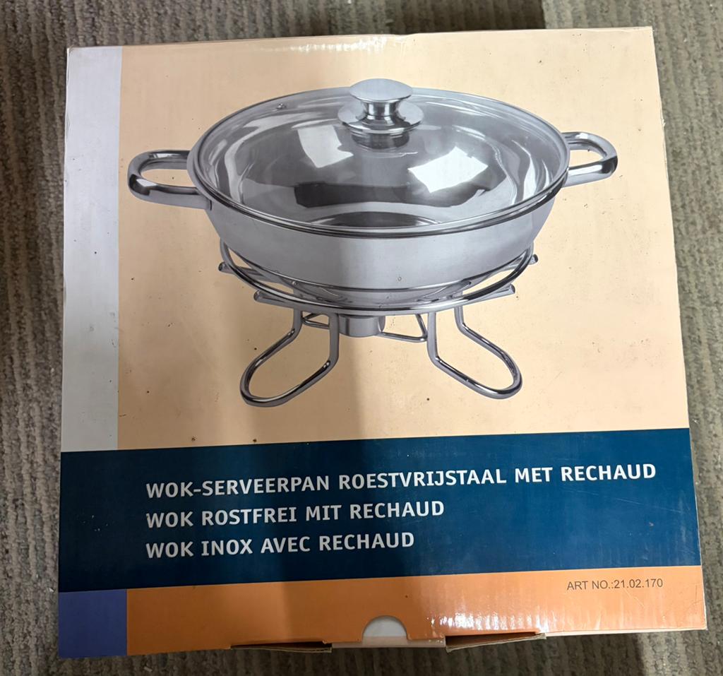 Wok-serveerpan roestvrijstaal met rechaud, Ophalen, Overige typen, Metaal, Overige merken