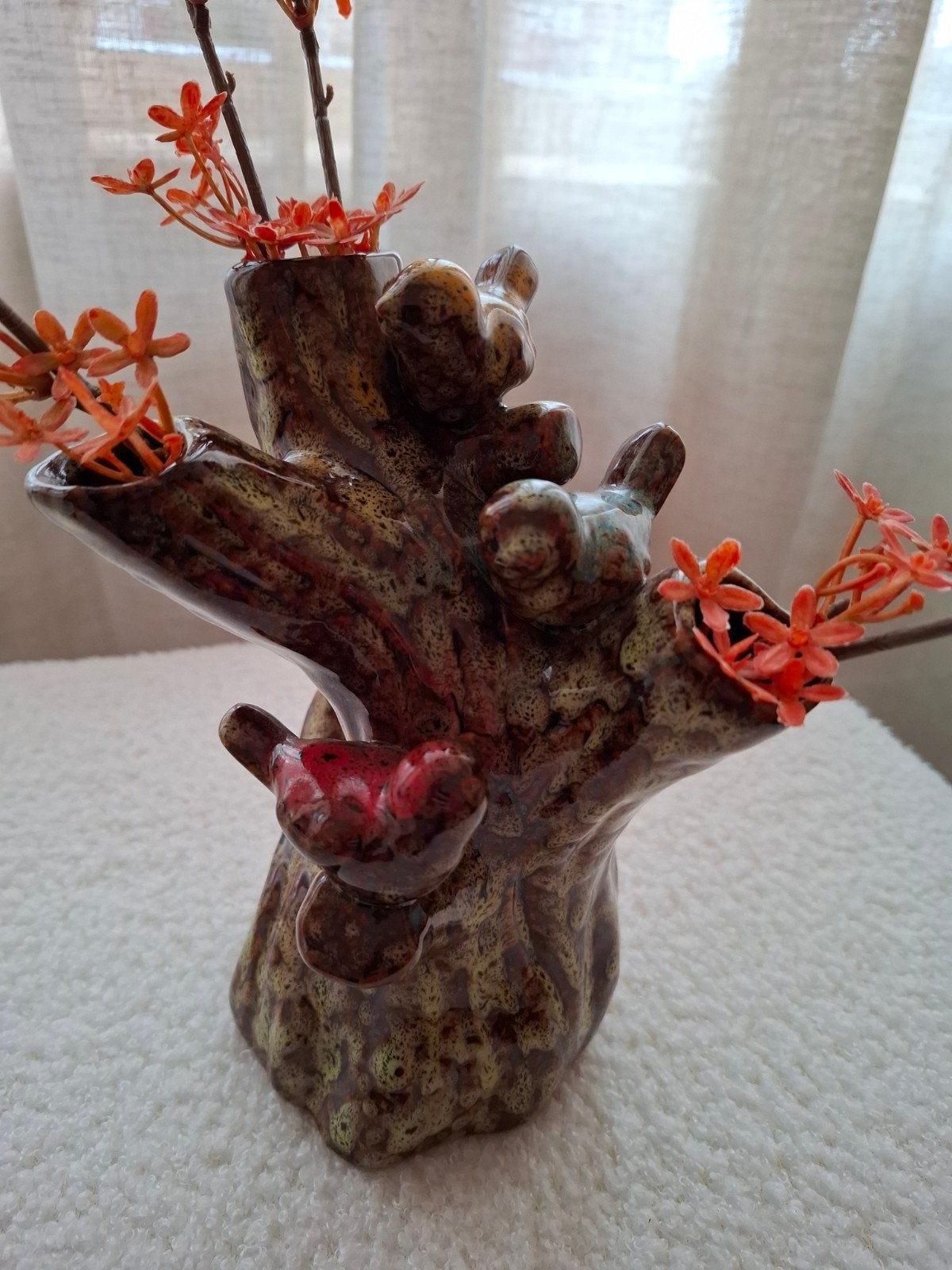 Unieke vaas in boomstam-design met vogels, Ophalen of Verzenden