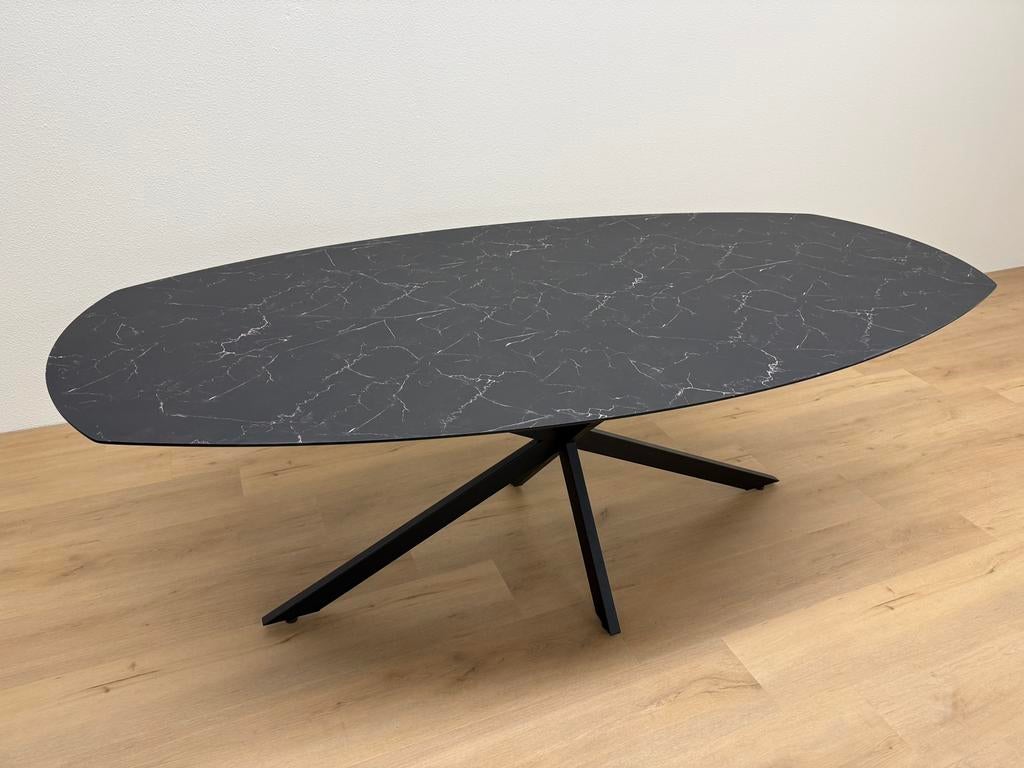 Deens ovale eettafel HPL 220x110 Marmer - Direct Leverbaar, 100 tot 150 cm, 200 cm of meer, Ophalen of Verzenden, Zo goed als nieuw