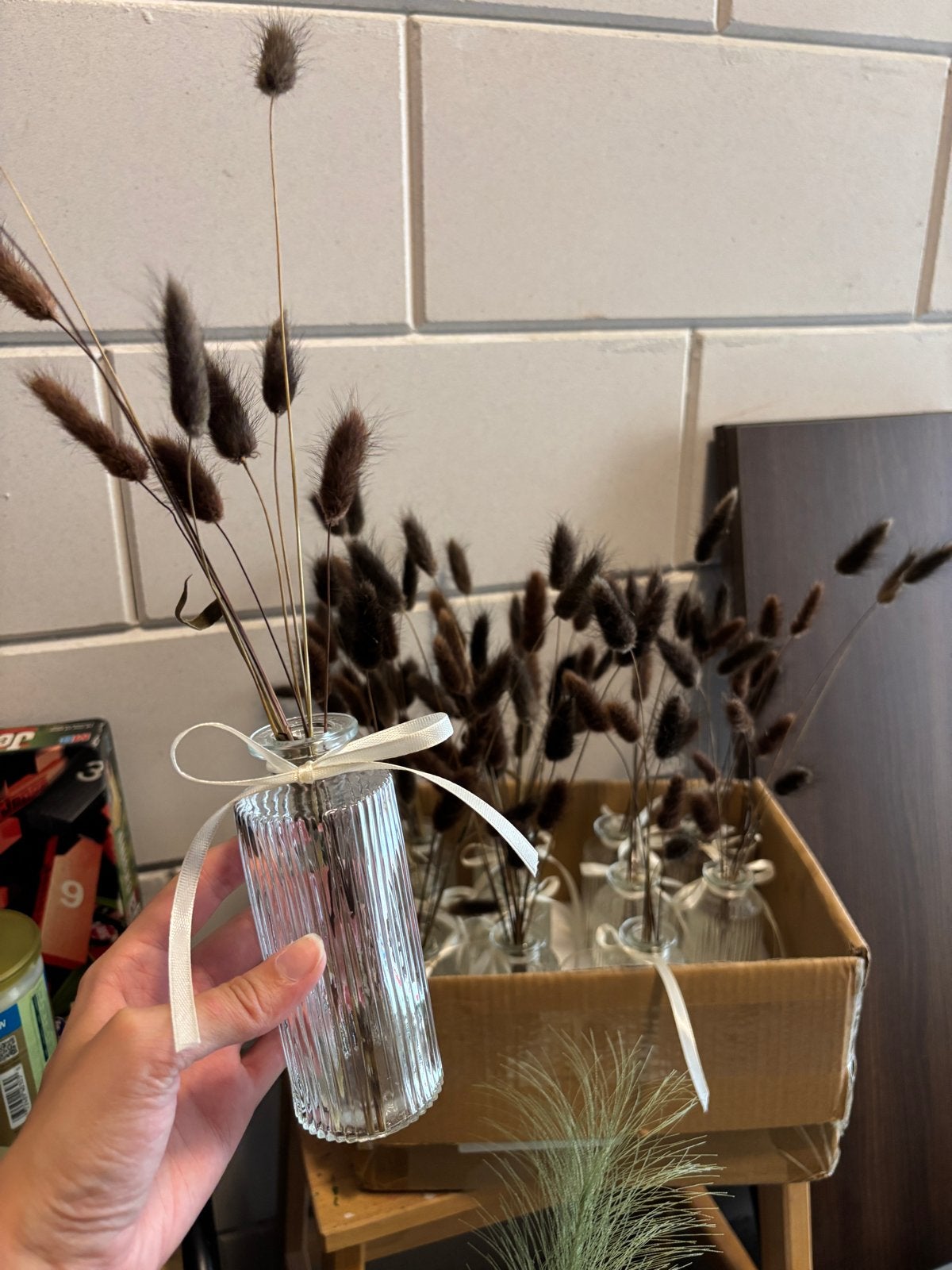 12 glazen vaasje met droogbloemen, Transparant, Nieuw, Ophalen of Verzenden, Glas