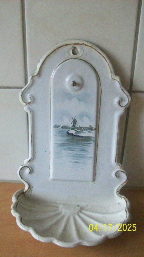Antieke emaille zeepbakje met molenlandschap, Ophalen of Verzenden