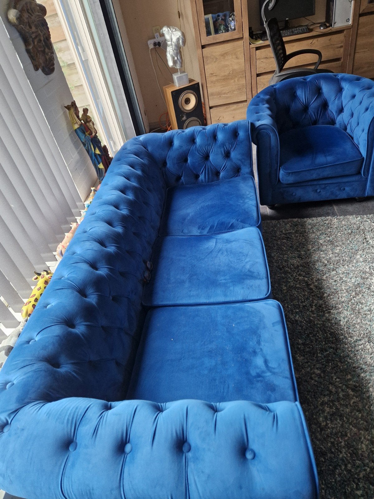 Luxe blauwe fluwelen Chesterfield bank, 75 tot 100 cm, Ophalen of Verzenden, Zo goed als nieuw, Rechte bank