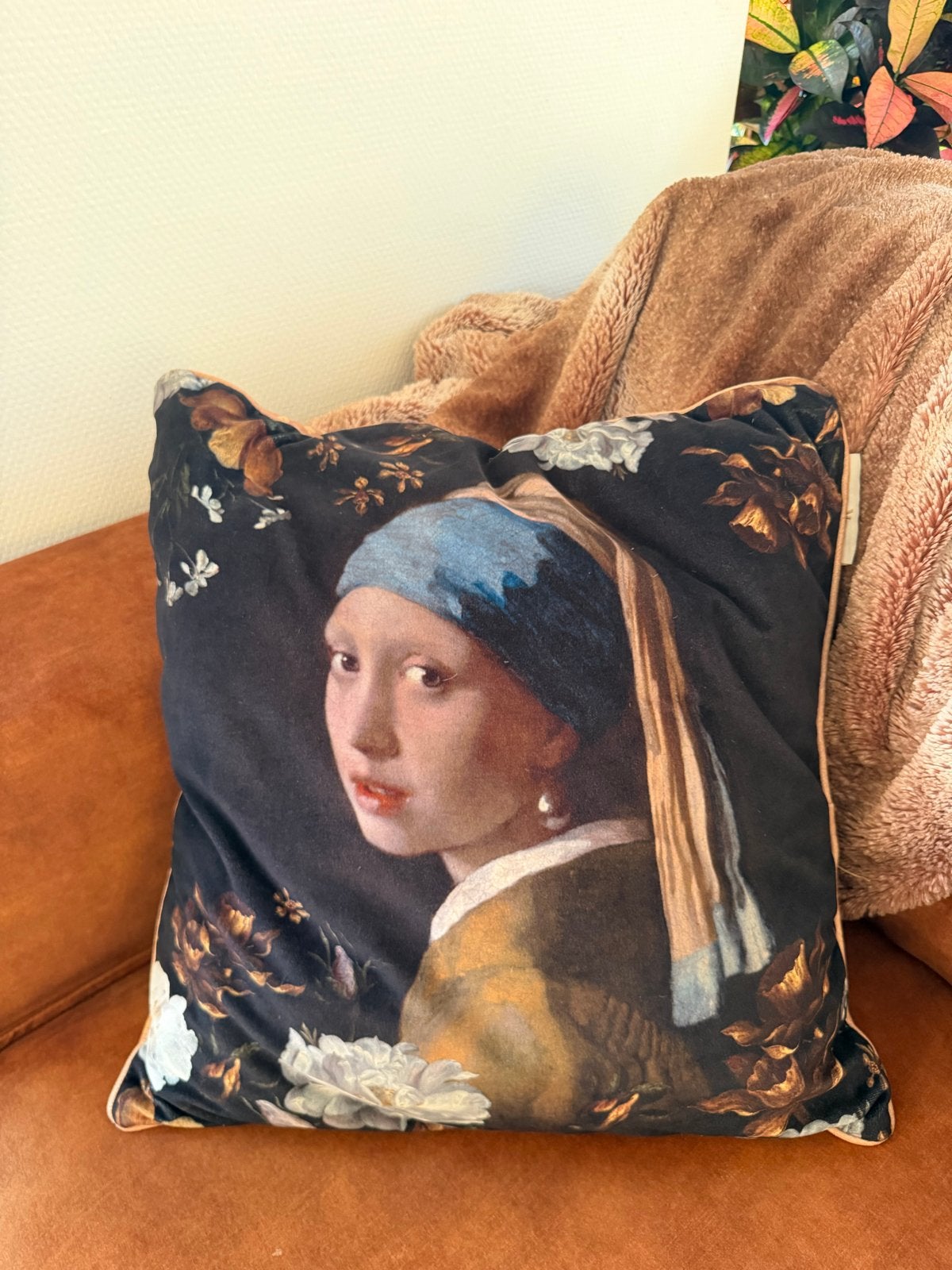 Merk kussenset met De Meisje met de Parel en bloemenprint, Ophalen, Overige merken, Meerkleurig, Met print