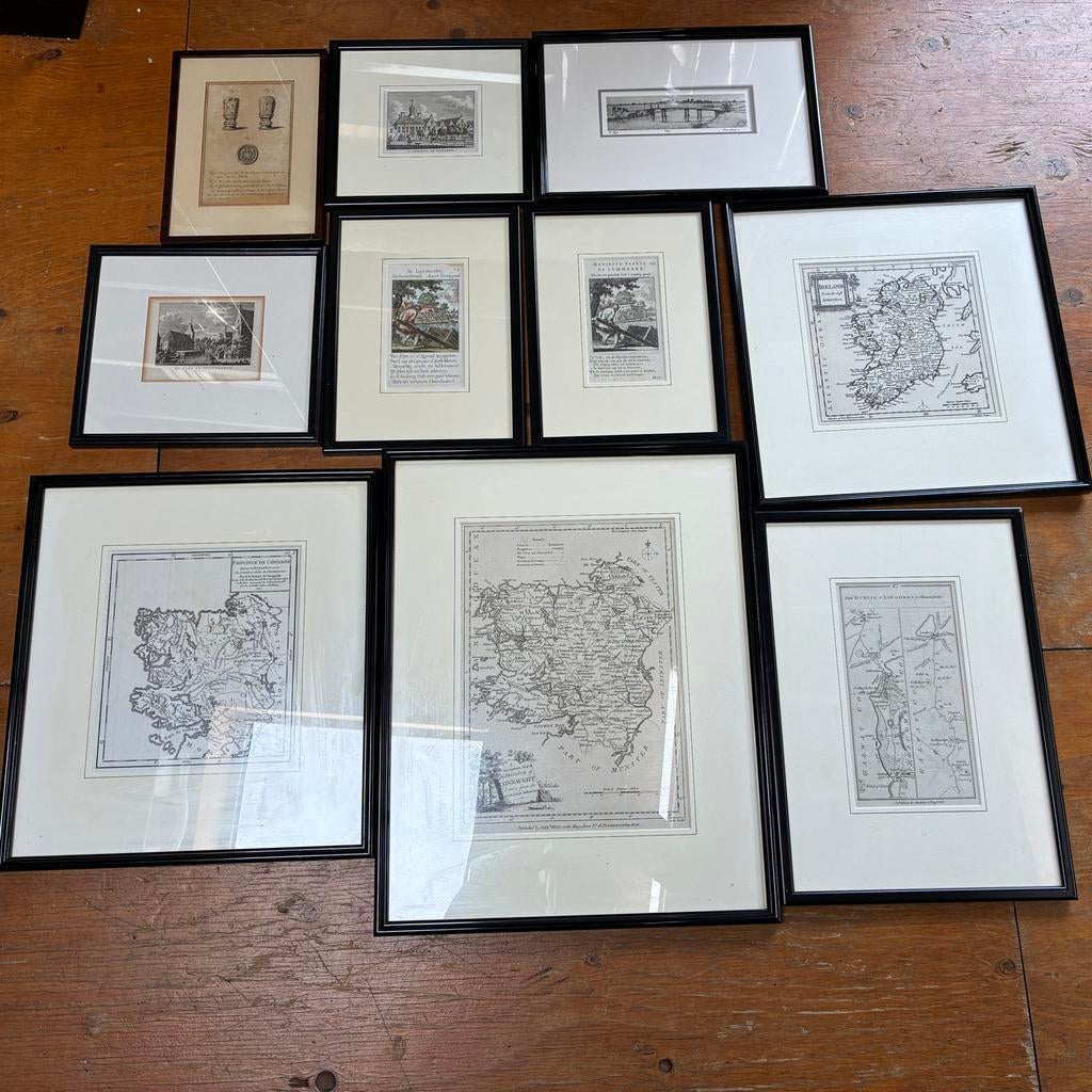 Diverse collectie oude prenten, ingelijst, Ingelijst, 1800 - 1899, Cartografie, Ophalen of Verzenden