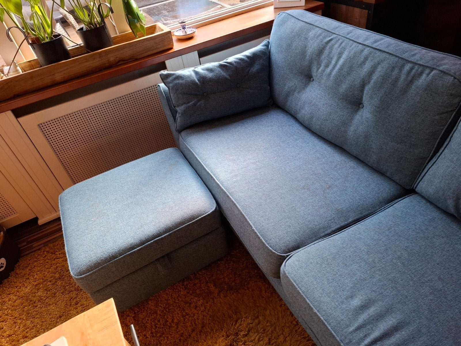 Comfortabele 3-zitsbank met opbergpoef, Huis en Inrichting, Ophalen, Modern, Comfortabel, Gebruikt, 125 cm of meer
