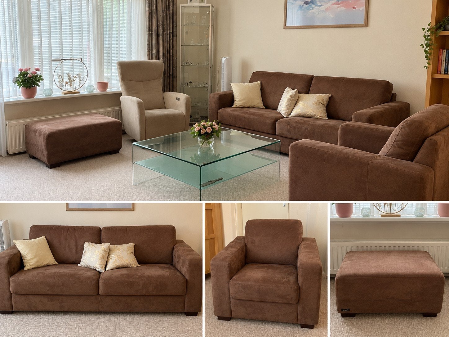 Complete set: Lamonto bruine bank, fauteuil en hocker, Ophalen, Gebruikt, Stof